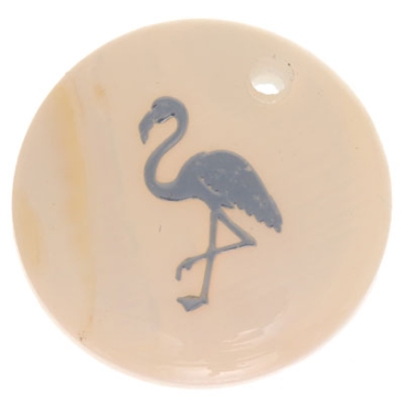 Mother-of-pearl pendant, round, motif flamingo silver-coloured, diameter 16 mm