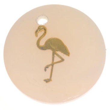 Mother-of-pearl pendant, round, motif flamingo gold-coloured, diameter 16 mm
