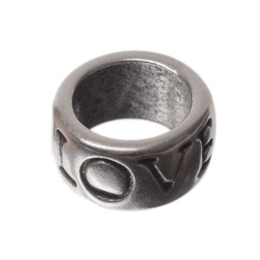Large hole metal bead Love, 12 x 6 mm, silver plated