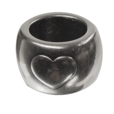Large hole metal bead heart for 10 mm sail rope, 10 x 16 mm, silver plated