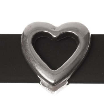 Perle métallique Slider / Perle coulissante Cœur, argentée, env. 13 x 14 mm