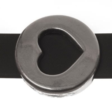 Perle métallique Slider / Perle coulissante disque cœur, argentée, env. 18 x 18 mm