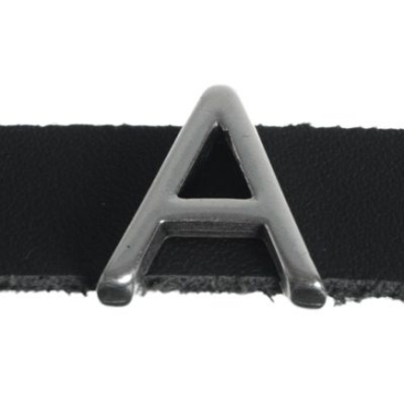 Metalen kraal schuifje / schuifkraal letter "A", verzilverd, ca. 13 x 13,7 mm
