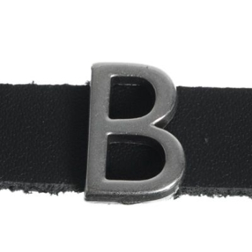 Metalen kraal schuifje / schuifkraal letter "B", verzilverd, ca. 9,3 x 13,3 mm