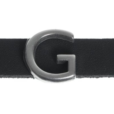 Metalen kraal schuifje / schuifkraal letter "G", verzilverd, ca. 13 x 13,9 mm