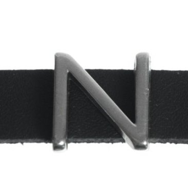 Metalen kraal schuifje / schuifkraal letter "N", verzilverd, ca. 12,9 x 13,6 mm