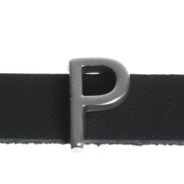 Metalen kraal schuifje / schuifkraal letter "P", verzilverd, ca. 8,9 x 13,6 mm