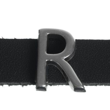 Metalen kraal schuifje / schuifkraal letter "R", verzilverd, ca. 11 x 13,4 mm