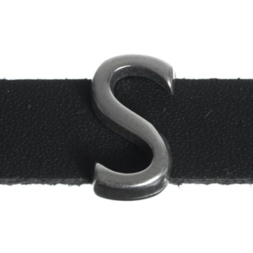 Metalen kraal schuifje / schuifkraal letter "S", verzilverd, ca. 8,4 x 14,5 mm