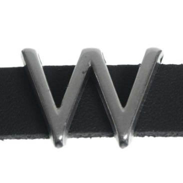 Metalen kraal schuifje / schuifkraal letter "W", verzilverd, ca. 19,1 x 14 mm