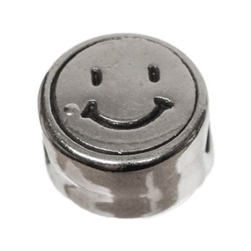 Metal bead, round, smiley, diameter 7 mm, silver plated