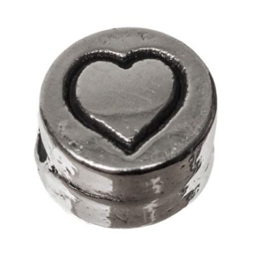 Metal bead, round, heart, diameter 7 mm, silver plated