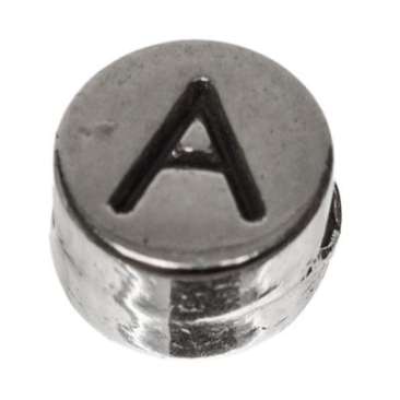 Metalen kraal, rond, letter A, diameter 7 mm, verzilverd