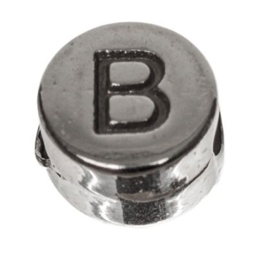 Metalen kraal, rond, letter B, diameter 7 mm, verzilverd
