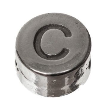 Metalen kraal, rond, letter C, diameter 7 mm, verzilverd