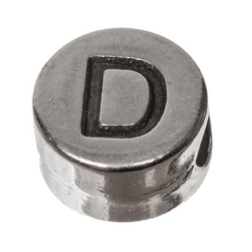Metalen kraal, rond, letter D, diameter 7 mm, verzilverd