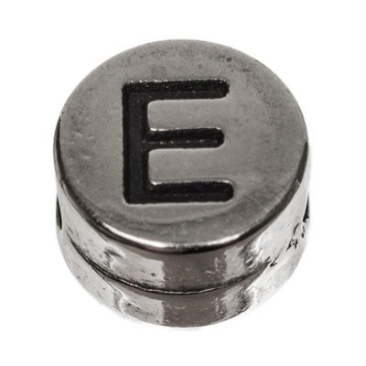Perle métallique, ronde, lettre E, diamètre 7 mm, argentée