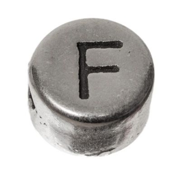 Metalen kraal, rond, letter F, diameter 7 mm, verzilverd