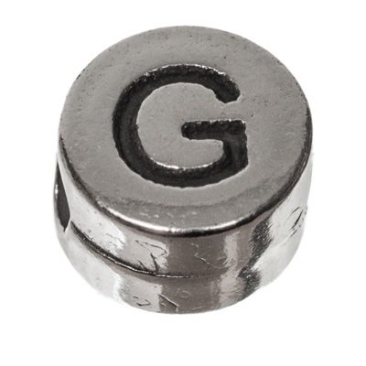 Metalen kraal, rond, letter G, diameter 7 mm, verzilverd