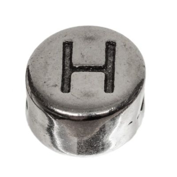 Metalen kraal, rond, letter H, diameter 7 mm, verzilverd
