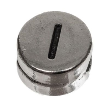 Metalen kraal, rond, letter I, diameter 7 mm, verzilverd
