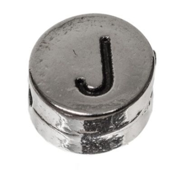 Metalen kraal, rond, letter J, diameter 7 mm, verzilverd