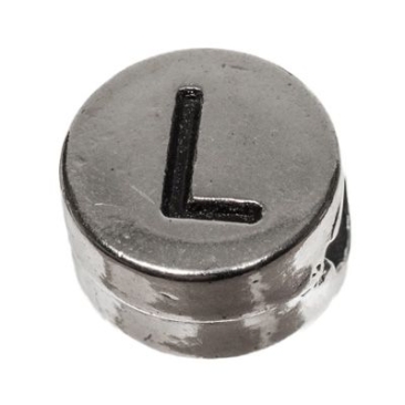 Metalen kraal, rond, letter L, diameter 7 mm, verzilverd