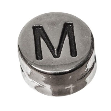 Metalen kraal, rond, letter M, diameter 7 mm, verzilverd