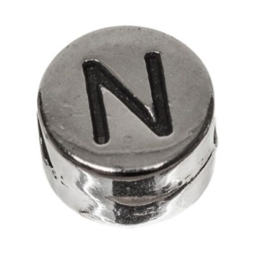 Metalen kraal, rond, letter N, diameter 7 mm, verzilverd