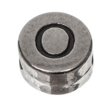 Metalen kraal, rond, letter O, diameter 7 mm, verzilverd