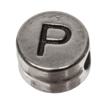 Metalen kraal, rond, letter P, diameter 7 mm, verzilverd