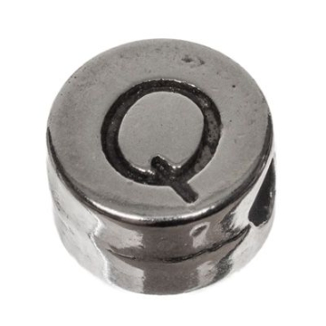 Metalen kraal, rond, letter Q, diameter 7 mm, verzilverd