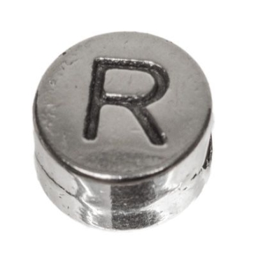 Metalen kraal, rond, letter R, diameter 7 mm, verzilverd