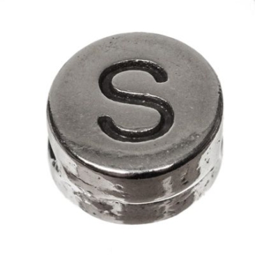 Metalen kraal, rond, letter S, diameter 7 mm, verzilverd