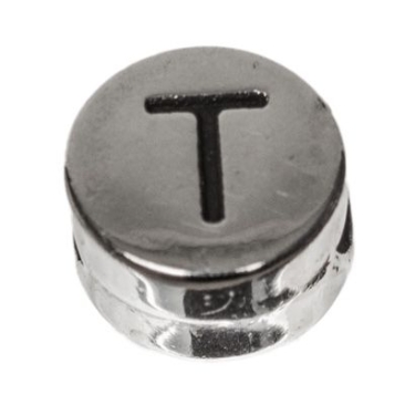 Metalen kraal, rond, letter T, diameter 7 mm, verzilverd