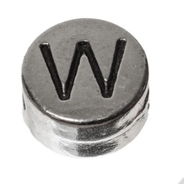 Metalen kraal, rond, letter W, diameter 7 mm, verzilverd