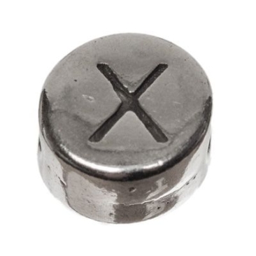 Metalen kraal, rond, letter X, diameter 7 mm, verzilverd