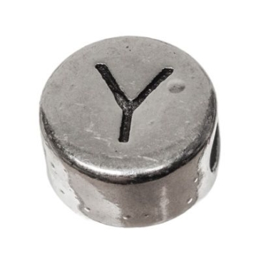 Metalen kraal, rond, letter Y, diameter 7 mm, verzilverd