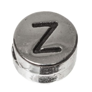 Metalen kraal, rond, letter Z, diameter 7 mm, verzilverd