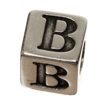 Metalen kraal, kubus, letter B, ca. 7 mm, verzilverd