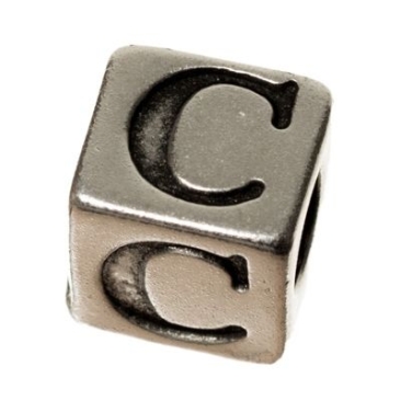 Metalen kraal, kubus, letter C, ca. 7 mm, verzilverd