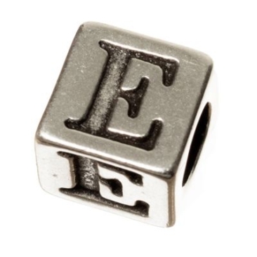 Metalen kraal, kubus, letter E, ca. 7 mm, verzilverd