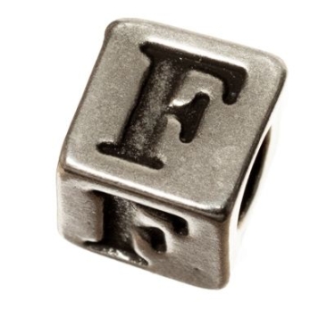 Metalen kraal, kubus, letter F, ca. 7 mm, verzilverd
