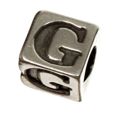 Metal bead, cube, letter G, approx. 7 mm, silver-plated