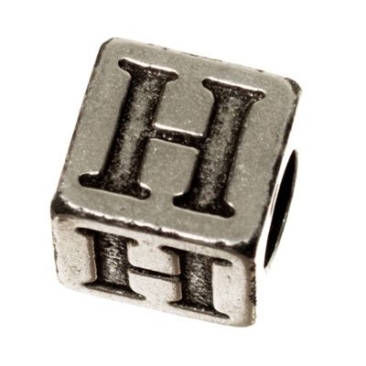 Metalen kraal, kubus, letter H, ca. 7 mm, verzilverd