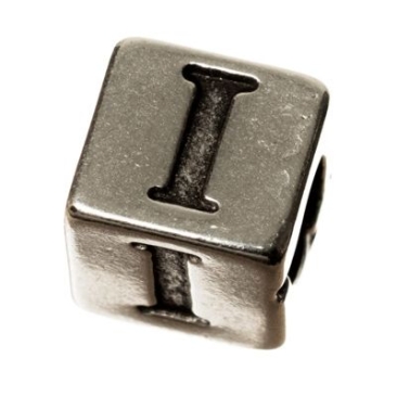 Metal bead, cube, letter I, approx. 7 mm, silver-plated
