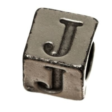 Perle métallique, cube, lettre J, env. 7 mm, argentée