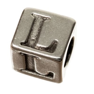 Metalen kraal, kubus, letter L, ca. 7 mm, verzilverd