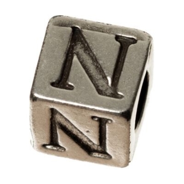 Metalen kraal, kubus, letter N, ca. 7 mm, verzilverd