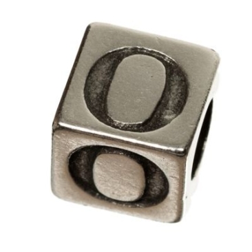 Metalen kraal, kubus, letter O, ca. 7 mm, verzilverd